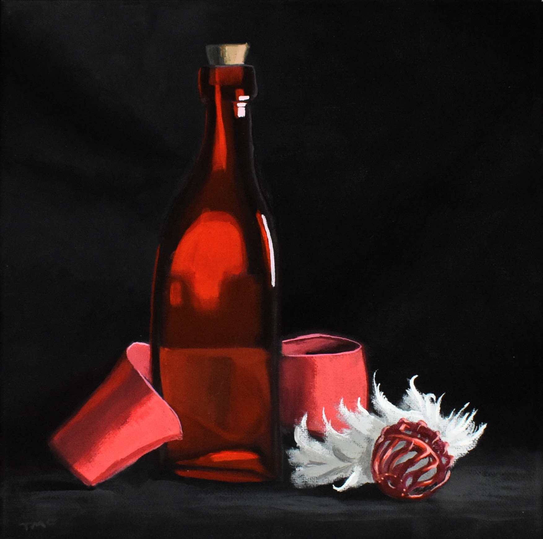 Still Life with Red Bottle, 10" x 10" acrylic on canvas